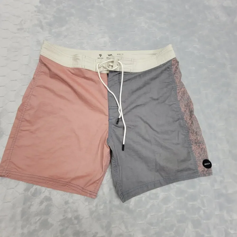 RVCA Men Boardshorts Size 33 Colorblock Swim Trunks Pink Gray Nature Division